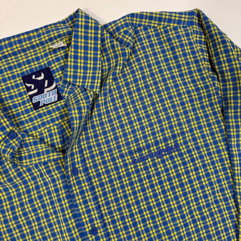 Southpole Plaid Button Down Shirt Blue Yellow XXL Y2K